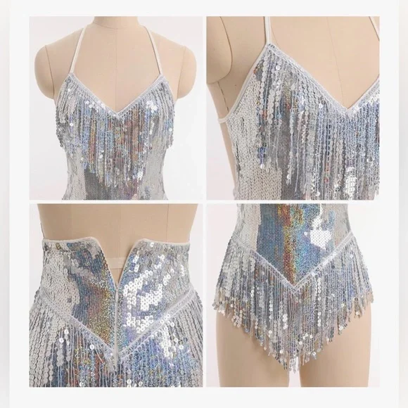 Bodysuit Leotard Sexy, Sequins Fringe large silver christmas new year party - Picture 3 of 9
